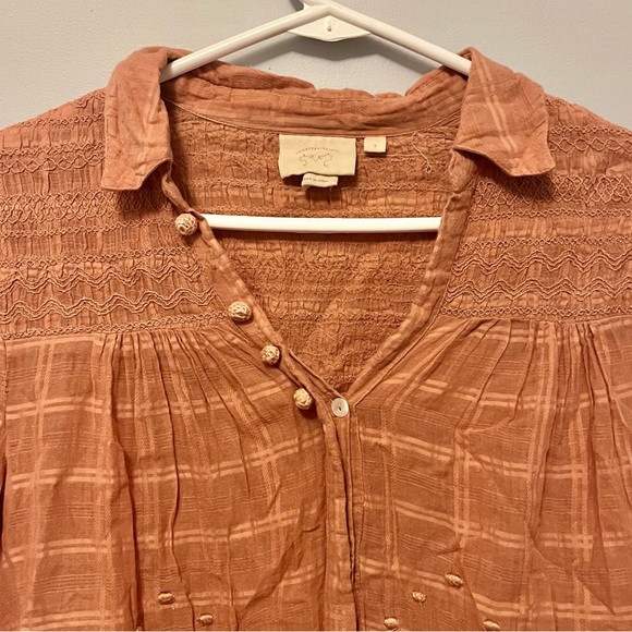 ๐ฅ 3/$30 Anthropologie orange embroidered plaid button long sleeve top - Picture 10 of 17